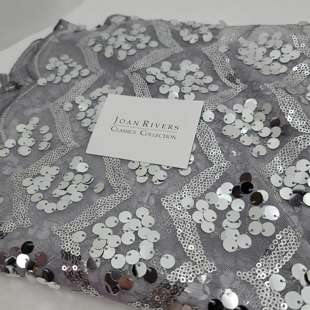 NEW Joan Rivers Silver Sequin Scarf Wrap Scallop Edges Embroidered Sheer Elegant